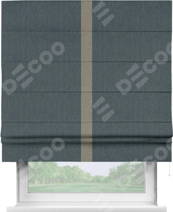 Римская штора «Кортин» с кантом Хайвэй, для проема, ткань лён димаут, серо-синий