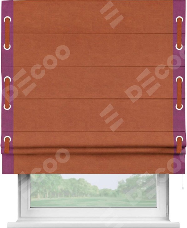 Римская штора «Кортин» с кантом Стрим Дуо (люверсы с пояском), для проема, ткань вельвет терракотовый