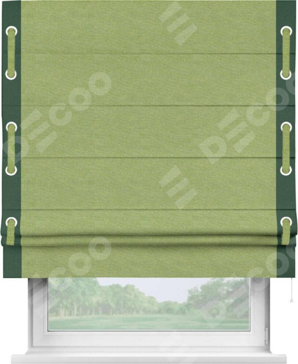 Римская штора «Кортин» с кантом Стрим Дуо (люверсы с пояском), для проема, ткань лён димаут, салатовый