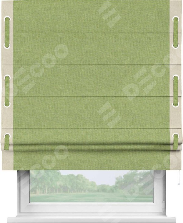 Римская штора «Кортин» с кантом Стрим Дуо (люверсы с пояском), для проема, ткань лён димаут, салатовый