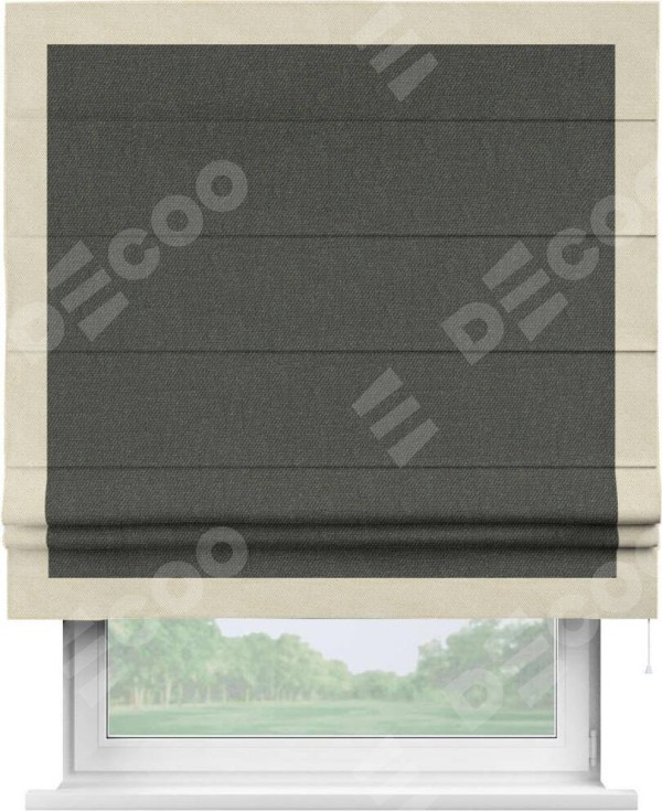 Римская штора «Кортин» с кантом Чесс, для проема, ткань лён димаут, графитово-серый