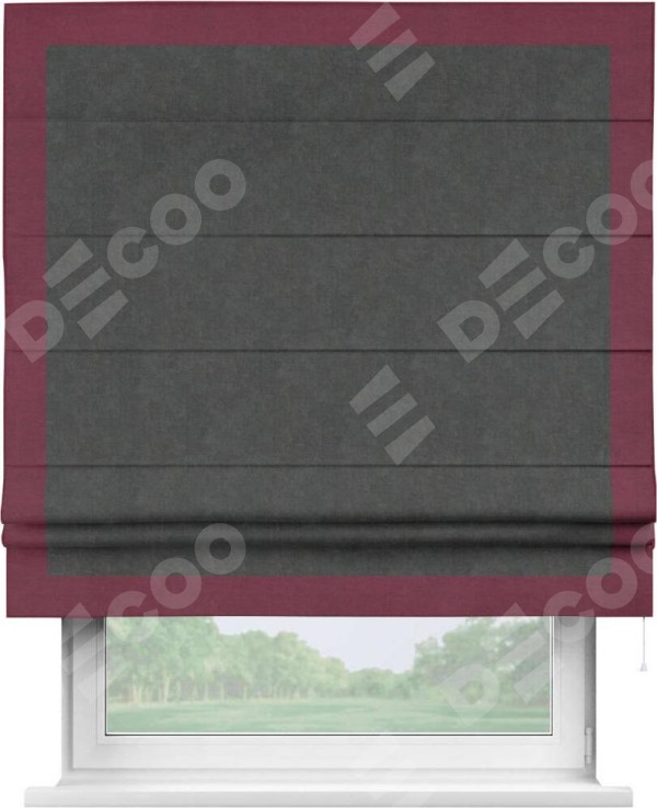 Римская штора «Кортин» с кантом Чесс, для проема, ткань вельвет цвет тёмно-серый