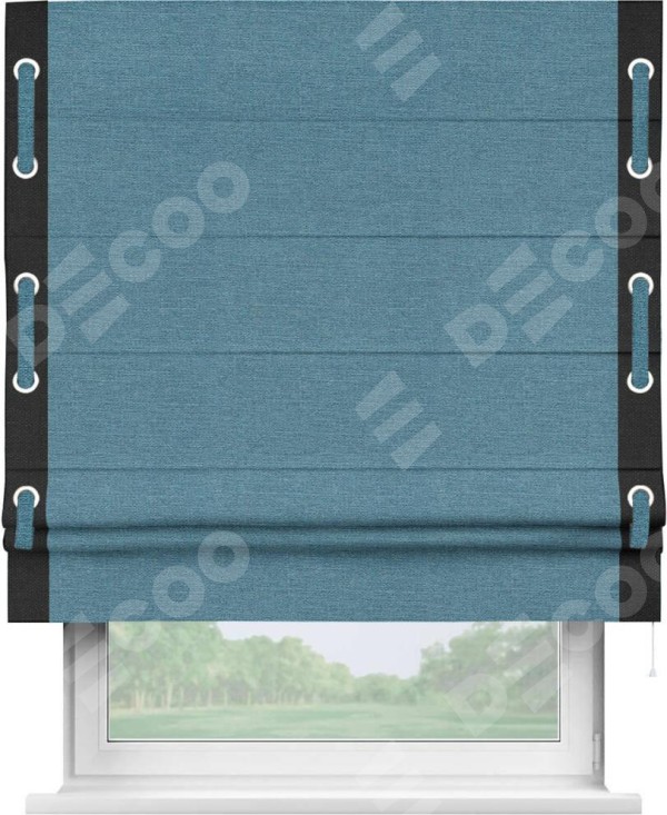 Римская штора «Кортин» с кантом Стрим Дуо (люверсы с пояском), для проема, ткань лён голубой