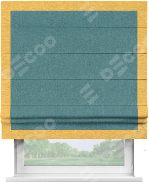 Римская штора «Кортин» с кантом Чесс, для проема, ткань лён бирюзовый