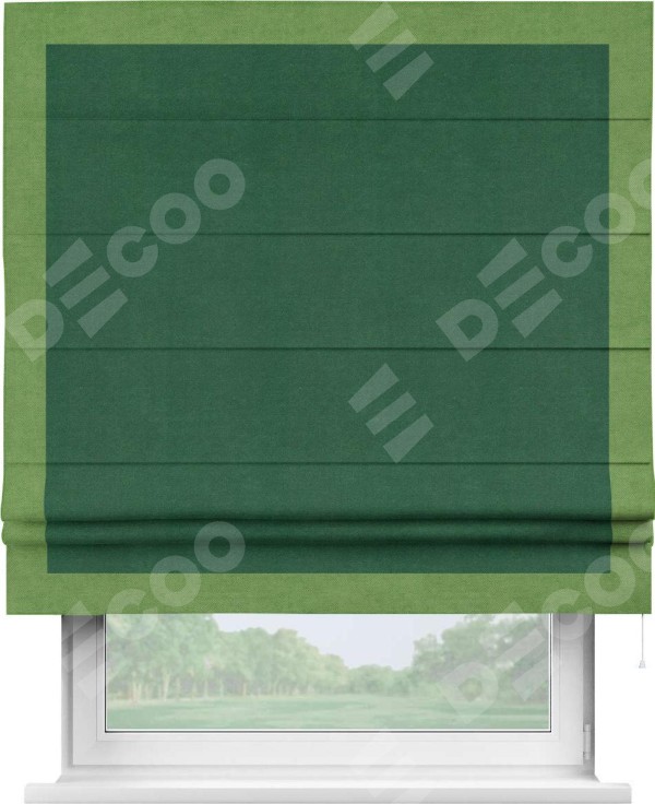 Римская штора «Кортин» с кантом Чесс, для проема, ткань вельвет зеленый