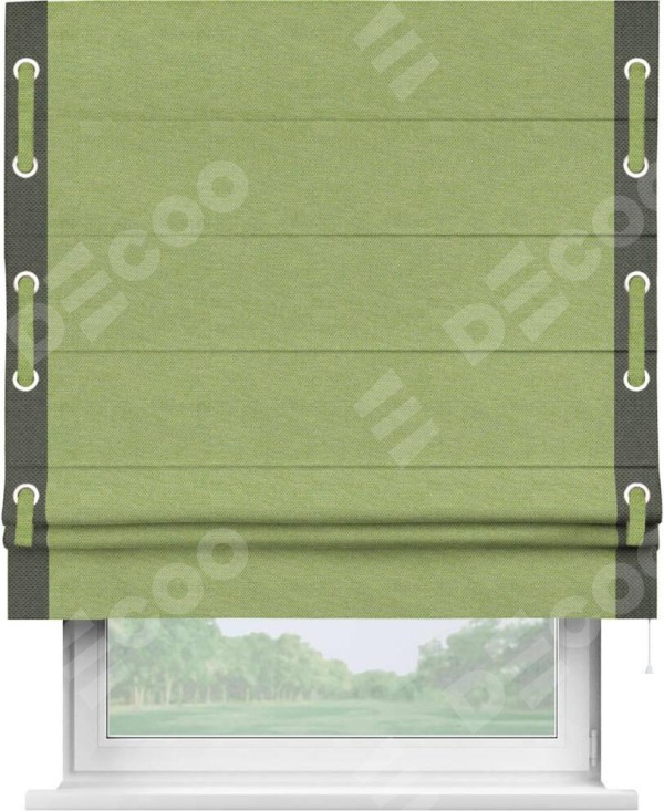 Римская штора «Кортин» с кантом Стрим Дуо (люверсы с пояском), для проема, ткань лён димаут, салатовый