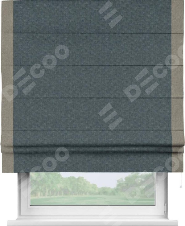 Римская штора «Кортин» с кантом Стрим Дуо, для проема, ткань лён димаут, серо-синий