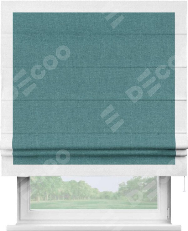 Римская штора «Кортин» с кантом Чесс, для проема, ткань лён бирюзовый