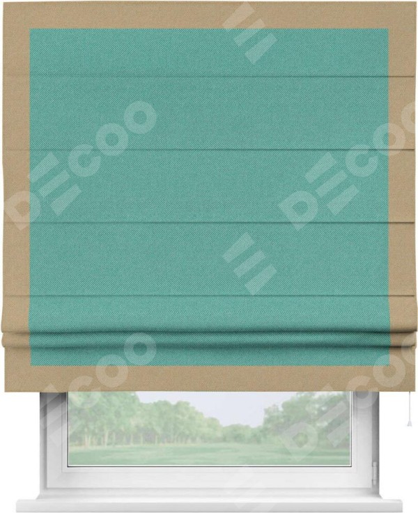 Римская штора «Кортин» с кантом Чесс, для проема, ткань лён димаут, бирюзовый