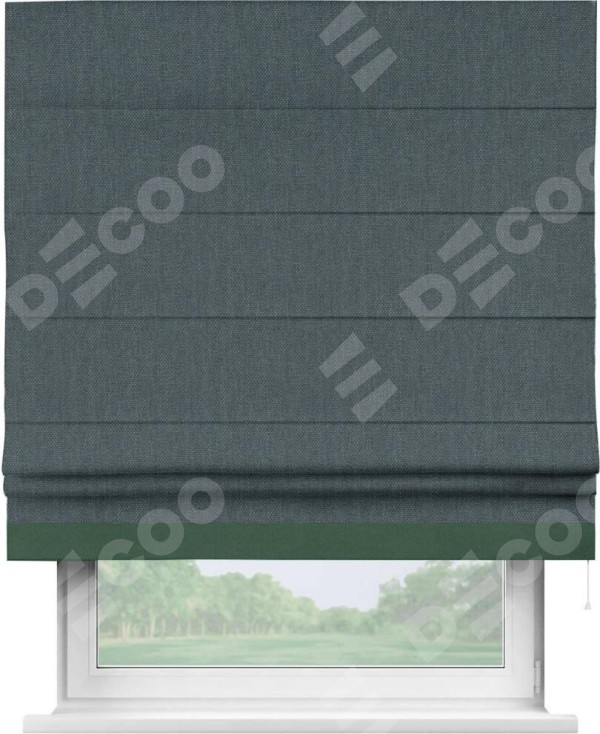 Римская штора «Кортин» с кантом Джестер, для проема, ткань лён димаут, серо-синий