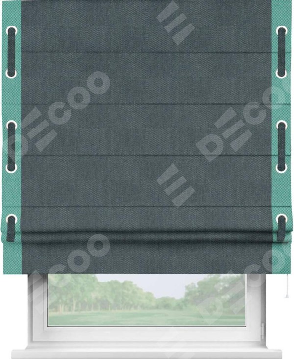 Римская штора «Кортин» с кантом Стрим Дуо (люверсы с пояском), для проема, ткань лён димаут, серо-синий