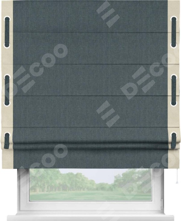Римская штора «Кортин» с кантом Стрим Дуо (люверсы с пояском), для проема, ткань лён димаут, серо-синий