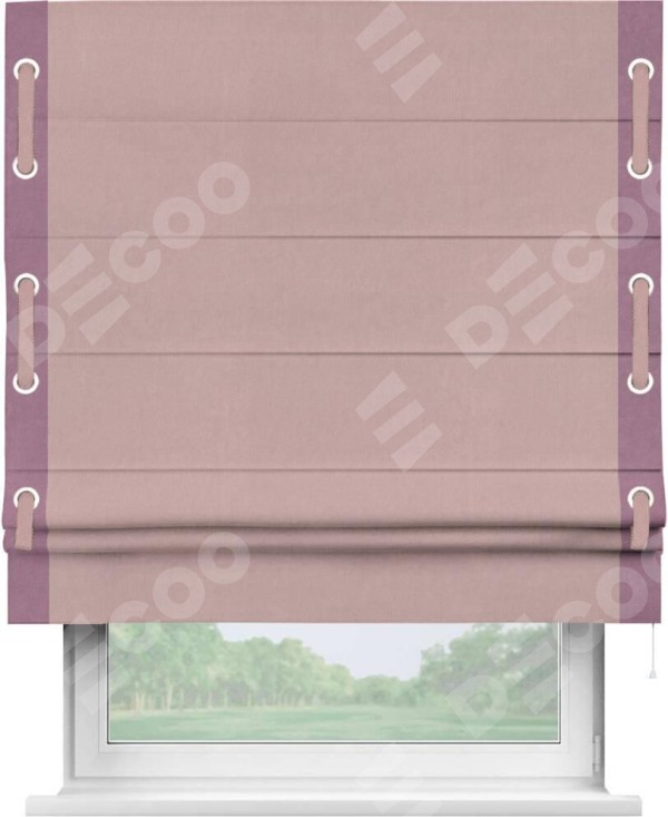 Римская штора «Кортин» с кантом Стрим Дуо (люверсы с пояском), для проема, ткань вельвет розовая пудра