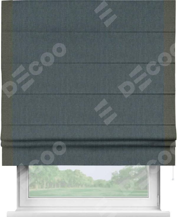 Римская штора «Кортин» с кантом Стрим Дуо, для проема, ткань лён димаут, серо-синий