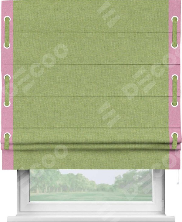 Римская штора «Кортин» с кантом Стрим Дуо (люверсы с пояском), для проема, ткань лён димаут, салатовый