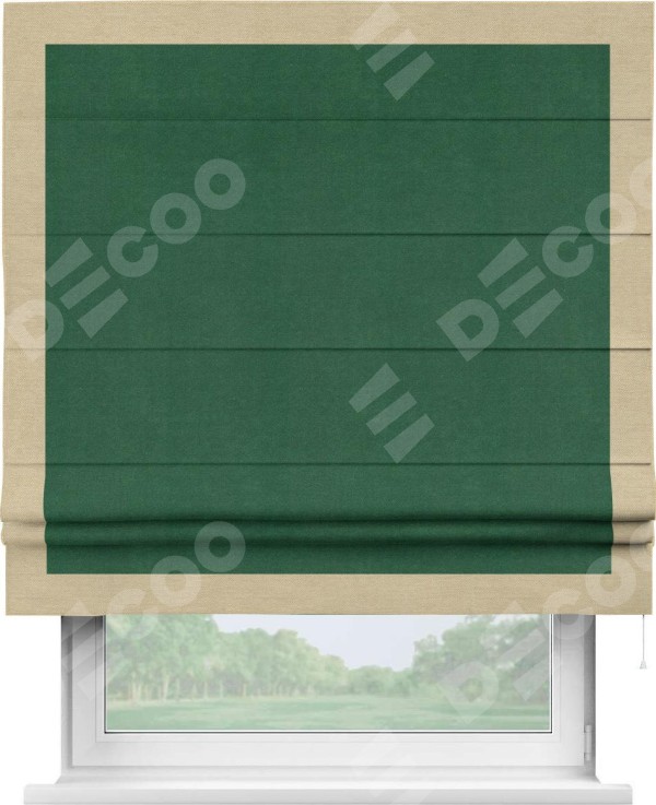 Римская штора «Кортин» с кантом Чесс, для проема, ткань вельвет зеленый